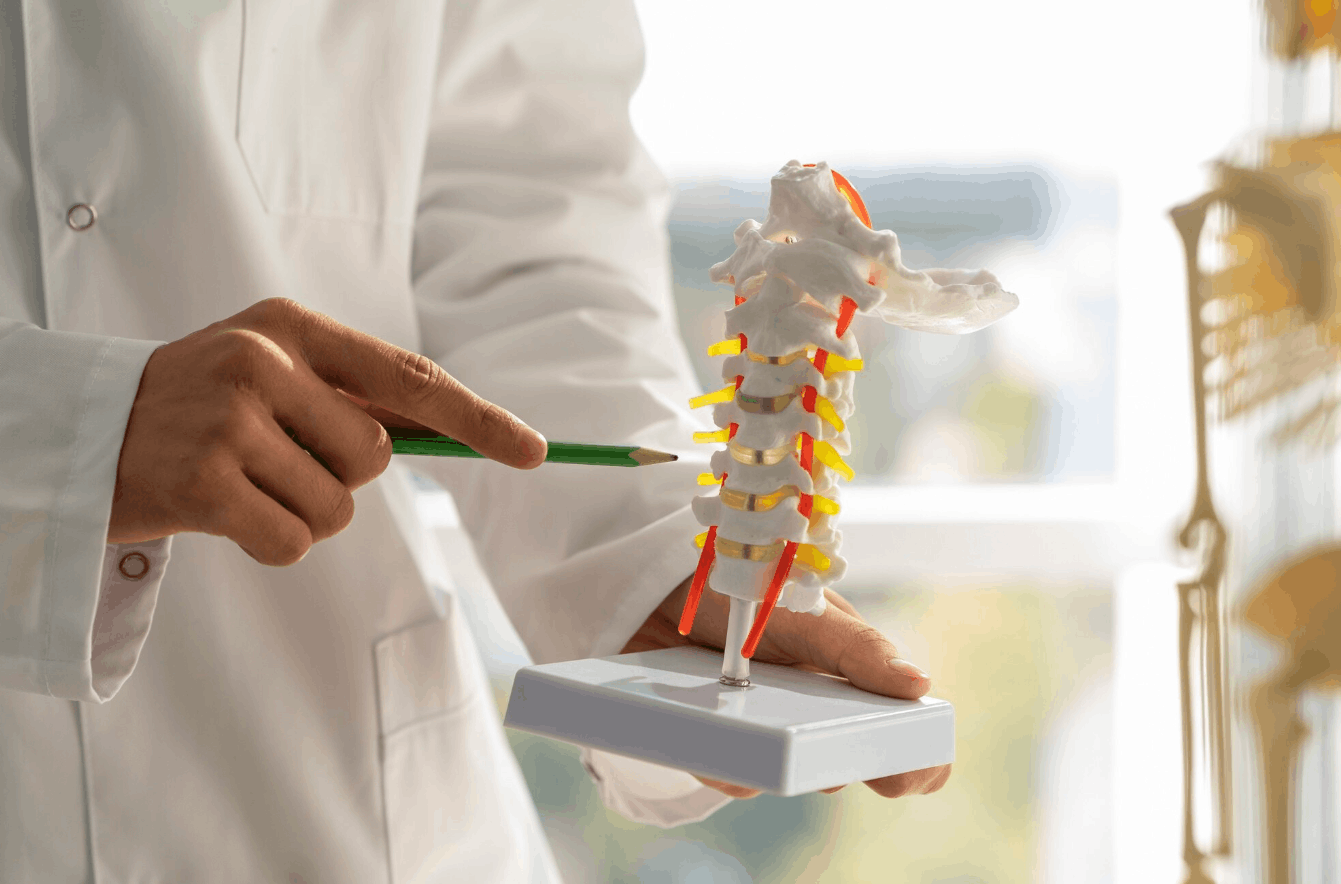 doctor holding a replica of a spine using a pencil pointing at it