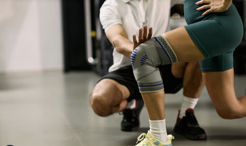physiotherapist guiding patient on how to stretch