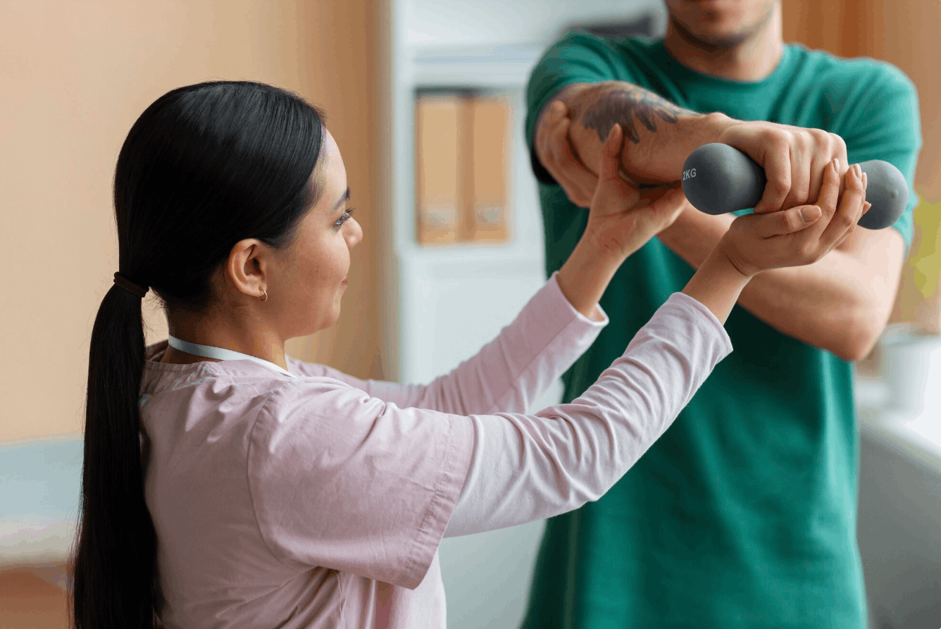 physiotherapist guiding a patient using weights