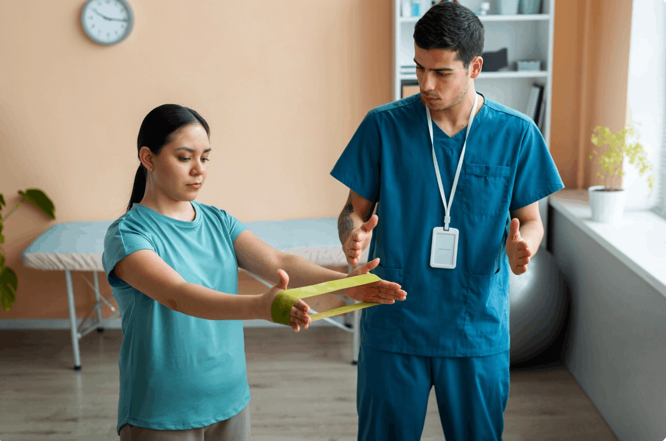 patient doing light exercise with stretching band